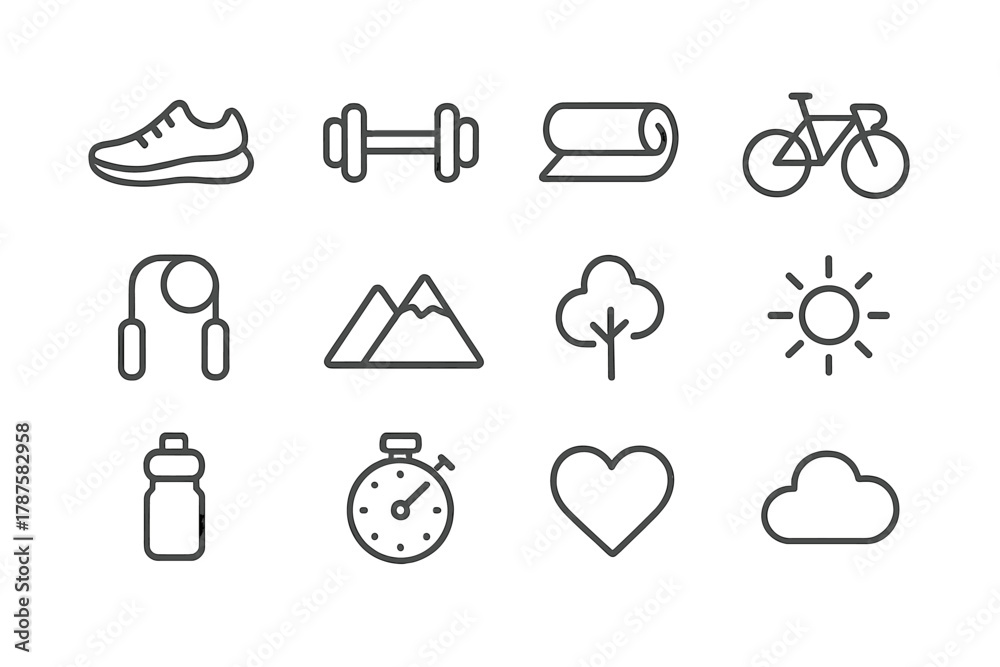 Fototapeta premium Outdoor Fitness Icons. Outdoor fitness activities. Line outline icon set of outdoor fitness activities: