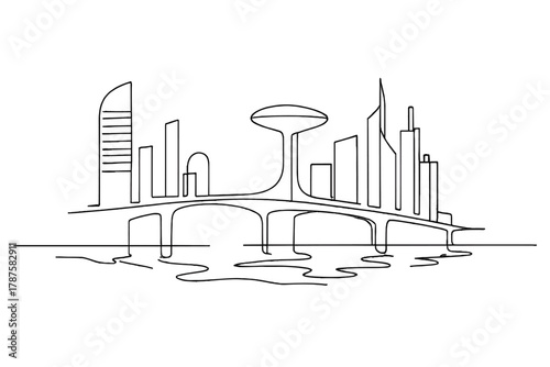 Futuristic Cityscape Lines. Future Coastlines. Minimalistic one-line drawing futuristic city with elevated