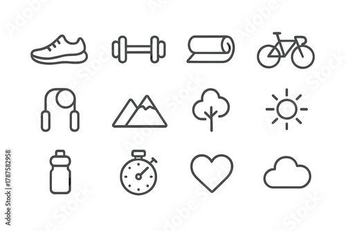 Outdoor Fitness Icons. Outdoor fitness activities. Line outline icon set of outdoor fitness activities: