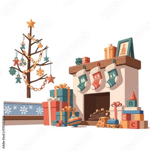 Christmas scene with tree, fireplace, stockings, and presents.