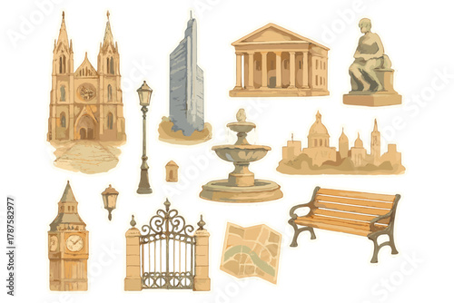 Watercolor City Sticker Sheet. City Architecture. Realistic hand-painted watercolor style sticker sheet of art
