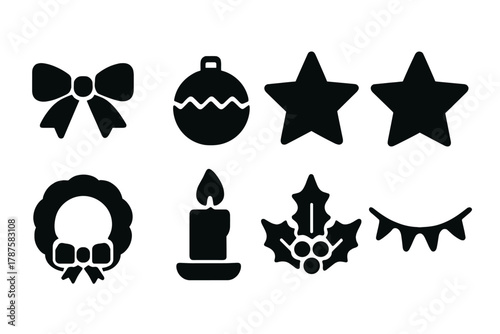 Black Festive Icons. Festive Decor. Filled icon set of Festive Decor: ribbon, bow, ornament, star, wreath,