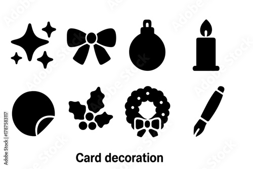 Card Decoration Icons. Card Decoration. Filled icon set of Card Decoration: glitter star, ribbon bow, ornament