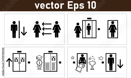 Elevator sign. Elevator, lift icon set. Vector graphic illustration. Suitable for website design, logo, app, template, and ui.person, signs, buttons, 