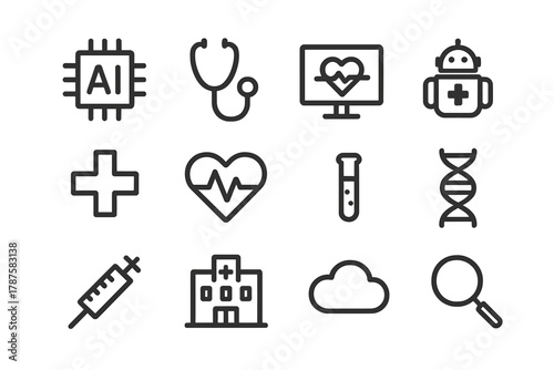 AI Healthcare Icon Set. AI healthcare diagnostics. Line outline icon set of AI healthcare diagnostics: AI chip