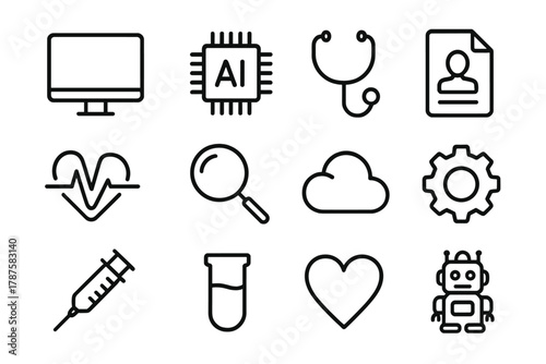 AI Diagnostics Icon Set. AI diagnostics workflow. Line outline icon set of AI diagnostics workflow: computer