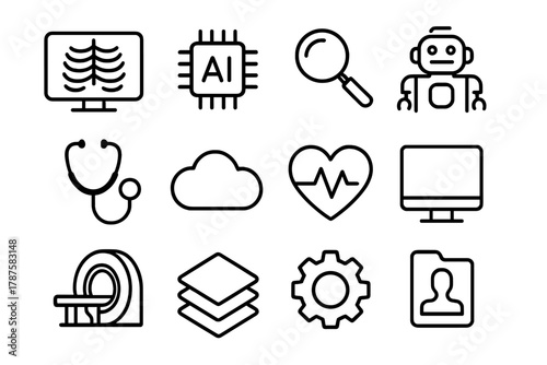 AI Medical Icon Set. AI-assisted medical imaging. Line outline icon set of AI-assisted medical imaging: X-ray