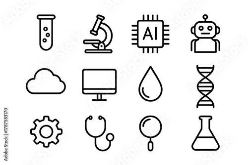 AI Lab Icon Set. AI lab analysis. Line outline icon set of AI lab analysis: test tube, microscope, AI chip,