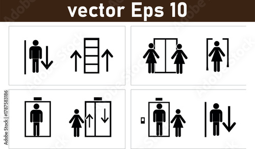 Elevator sign. Elevator, lift icon set. Vector graphic illustration. Suitable for website design, logo, app, template, and ui.person, signs, buttons, 