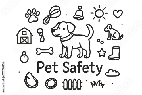 Pet Safety Doodles. Pet Safety. Hand-drawn doodle illustration of Pet Safety. In the middle, one slightly