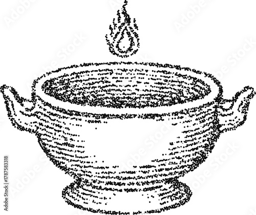 Stipple vector ceremonial cauldron with flame, vintage ritual bowl illustration for magic, witchcraft and altar design