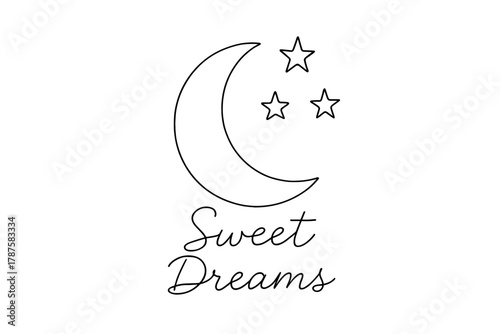 Crescent Minimalism Elegance. “Sweet Dreams”. Minimalistic one-line drawing of a crescent moon with stars,