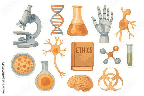 Bioethics Watercolor Stickers. Bioethics Study. Realistic hand-painted watercolor style sticker sheet of