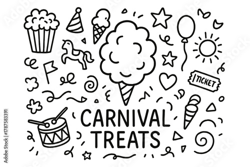 Carnival Treats Doodle. Carnival Treats. Hand-drawn doodle illustration of Carnival Treats. In the middle, one