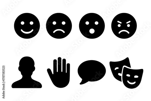 Character Expression Icons. Character Expression. Filled icon set of Character Expression: happy face, sad