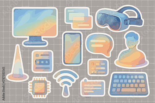 Holographic Tech Stickers. Holo Tech. Realistic hand-painted watercolor style sticker sheet of holographic