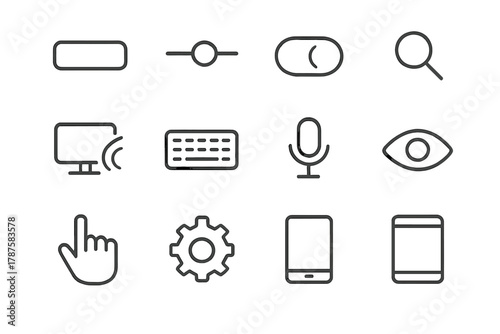 Assistive UI Icon Set. Assistive UI components. Line outline icon set of assistive UI components: button,