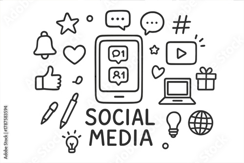Social Media Doodle. Social Media. Hand-drawn doodle illustration of Social Media. In the middle, one slightly
