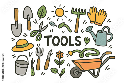 Garden Tools Doodle. Garden tools. Hand-drawn doodle illustration of garden tools. Spade, trowel, rake, hoe,