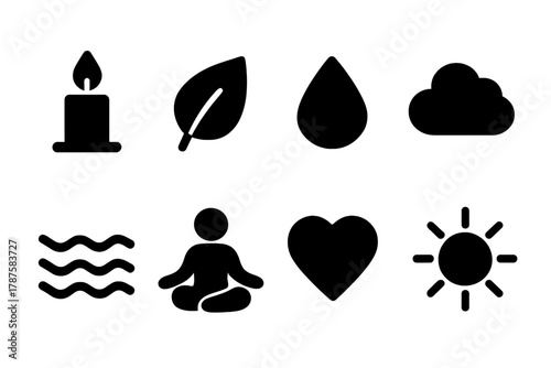 Calming Techniques Icons. Calming Techniques. Filled icon set of Calming Techniques: candle, leaf, water