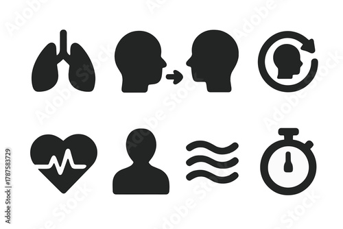 Respiration Control Icons. Respiration Control. Filled icon set of Respiration Control: lung diagram, inhaling