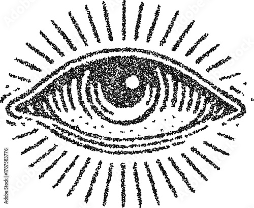 Stipple vector radiant eye with sunburst ray, vintage esoteric symbol for mystic protection and occult illustration