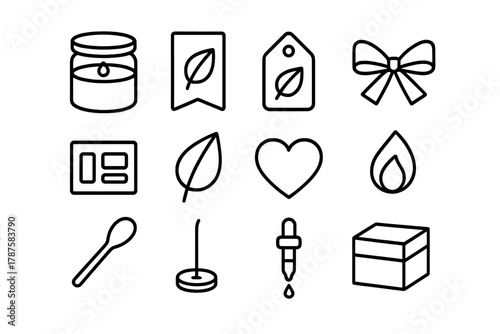 Sustainable Candle Icons. Sustainable candle packaging. Line outline icon set of sustainable candle packaging: