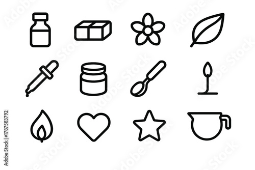 Aromatic Candle Ingredients Icons. Aromatic candle ingredients. Line outline icon set of aromatic candle