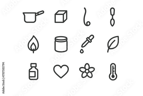Creative Candle Icons. Creative candle techniques. Line outline icon set of creative candle techniques: