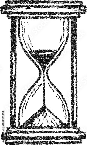 Stipple vector hourglass sand timer with wood frame, vintage timekeeping illustration for deadline, patience and countdown design