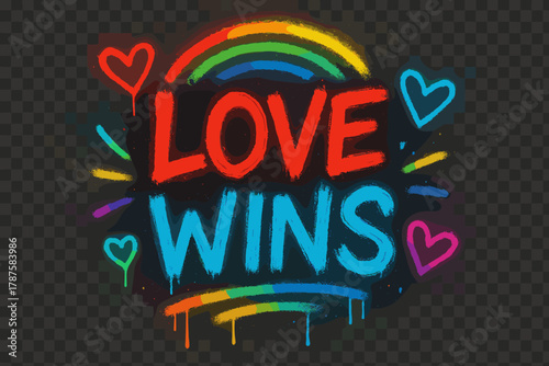 Neon Love Graffiti. “Love Wins”. neon graffiti lettering, bold spray-paint strokes, dripping textures, glowing
