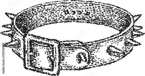 Stipple vector spiked collar with buckle and stud, vintage punk accessory illustration for dog training and rock style design