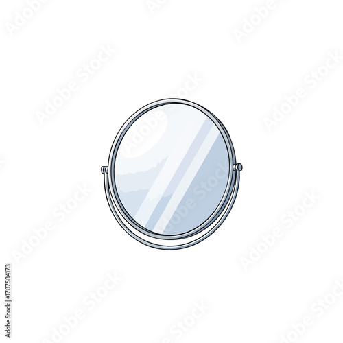 A 2D image of a round bathroom mirror with a thin metal frame