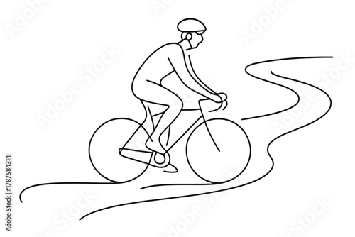 Cyclist's Flow Path. Flow State. Minimalistic one-line drawing cyclist riding through winding path with calm