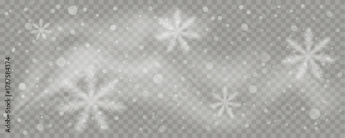 Falling snowflakes and bokeh lights overlay. Winter snow effect with blurred ice crystals and falling in light white flakes. Editable vector illustration.