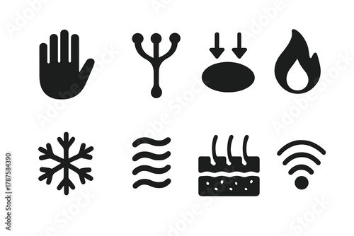 Sensory Icons Set. Sensory Function. Filled icon set of Sensory Function: touch hand, nerve endings, pressure