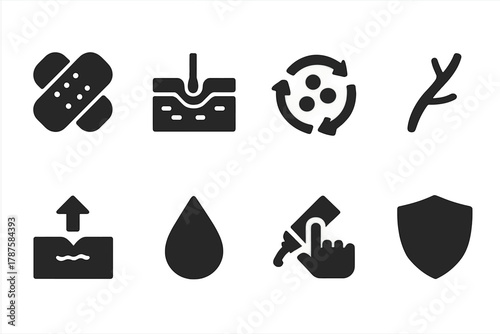 Wound Healing Icons. Wound Healing. Filled icon set of Wound Healing: bandage, skin layers, cell regeneration,