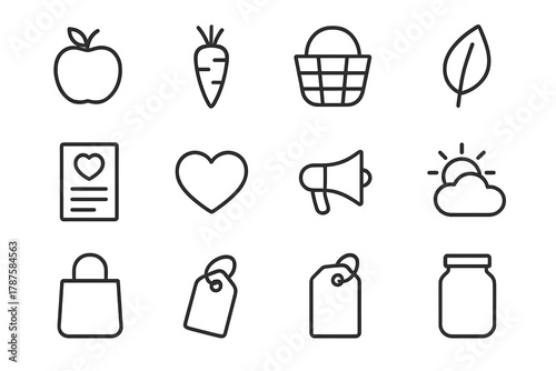 Healthy Eating Icons. Healthy eating campaign. Line outline icon set of healthy eating campaign: apple, carrot
