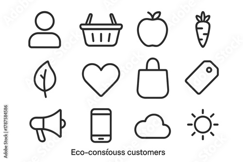 Eco-conscious Icon Set. Eco-conscious customers. Line outline icon set of eco-conscious customers: shopper,