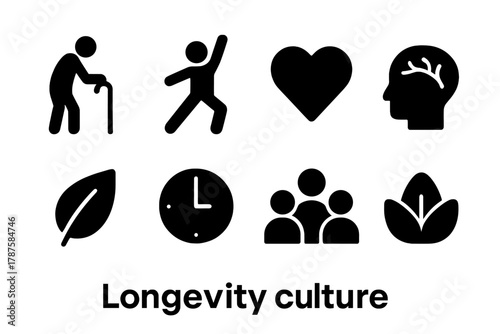 Longevity Cultural Icons. Longevity Culture. Filled icon set of Longevity Culture: elderly person, exercise,