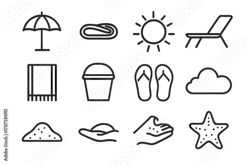 Summer Icon Collection. Summer shade essentials. Line outline icon set of summer shade essentials: parasol,
