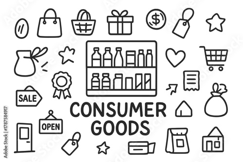 Doodle Consumer Goods. Consumer Goods. Hand-drawn doodle illustration of Consumer Goods. In the middle, one