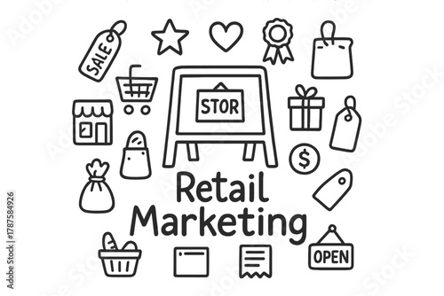 Doodle Retail Marketing. Retail Marketing. Hand-drawn doodle illustration of Retail Marketing. In the middle,