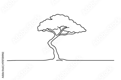 Solitary Tree Drawn. Solitary Tree. Minimalistic one-line drawing lone stunted tree growing in tundra expanse,
