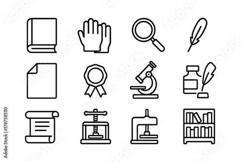 Museum Icon Collection. Museum book care. Line outline icon set of museum book care: old book, gloves,