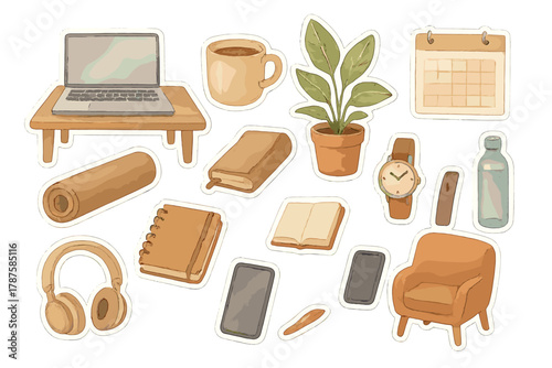 Watercolor Work-Life Balance. Work-Life Balance. Realistic hand-painted watercolor style sticker sheet of work