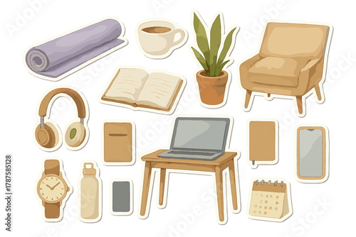 Wellness Watercolor Stickers. Wellness Routine. Realistic hand-painted watercolor style sticker sheet of