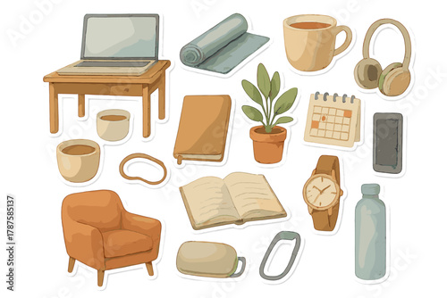 Work Wellness Stickers. Work and Wellness. Realistic hand-painted watercolor style sticker sheet of work and