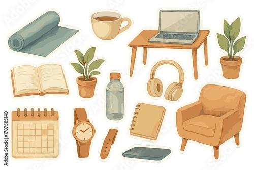 Healthy Habits Stickers. Healthy Routine. Realistic hand-painted watercolor style sticker sheet of healthy