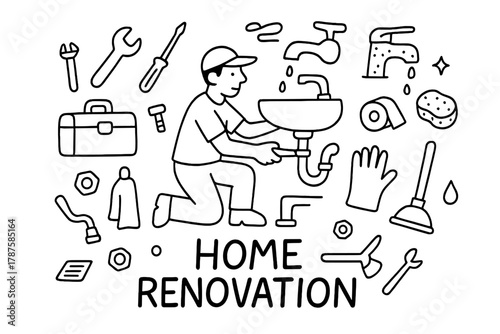 Home Renovation Doodle. Home Renovation. Hand-drawn doodle illustration of Home Renovation. In the middle, one